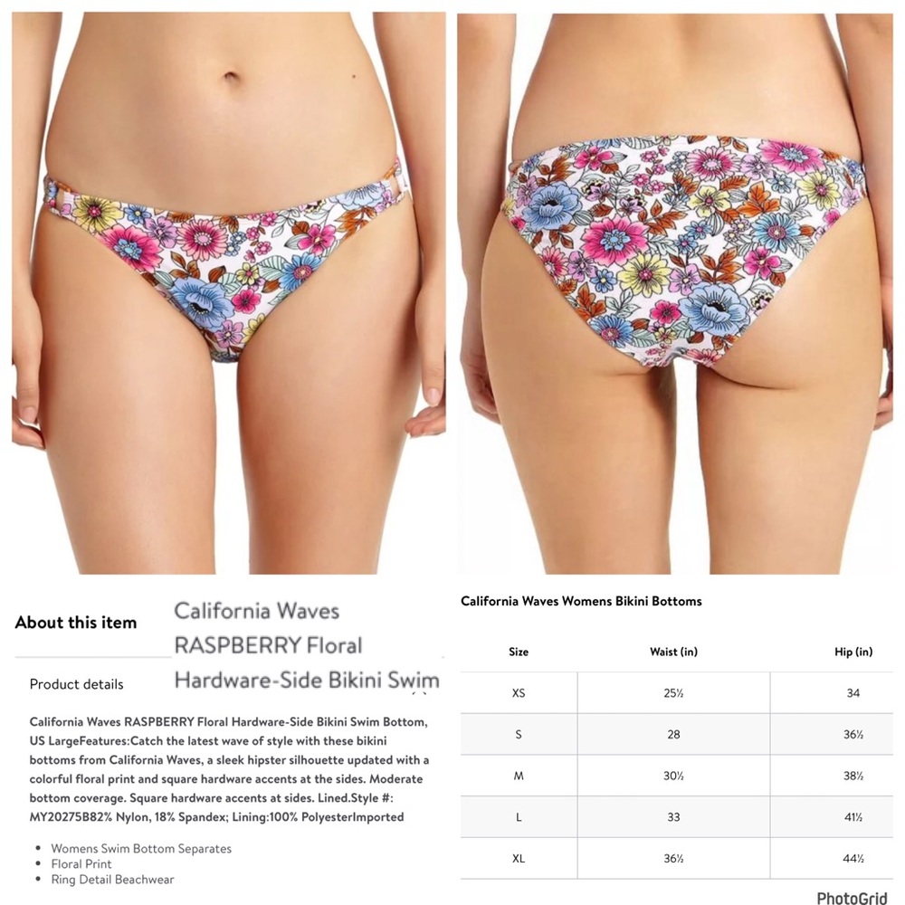 California Waves XL raspberry floral swimsuit bottoms NWT